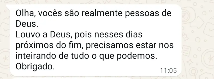 Mensagem de aluno agradecendo o conteúdo sobre o fim dos tempos